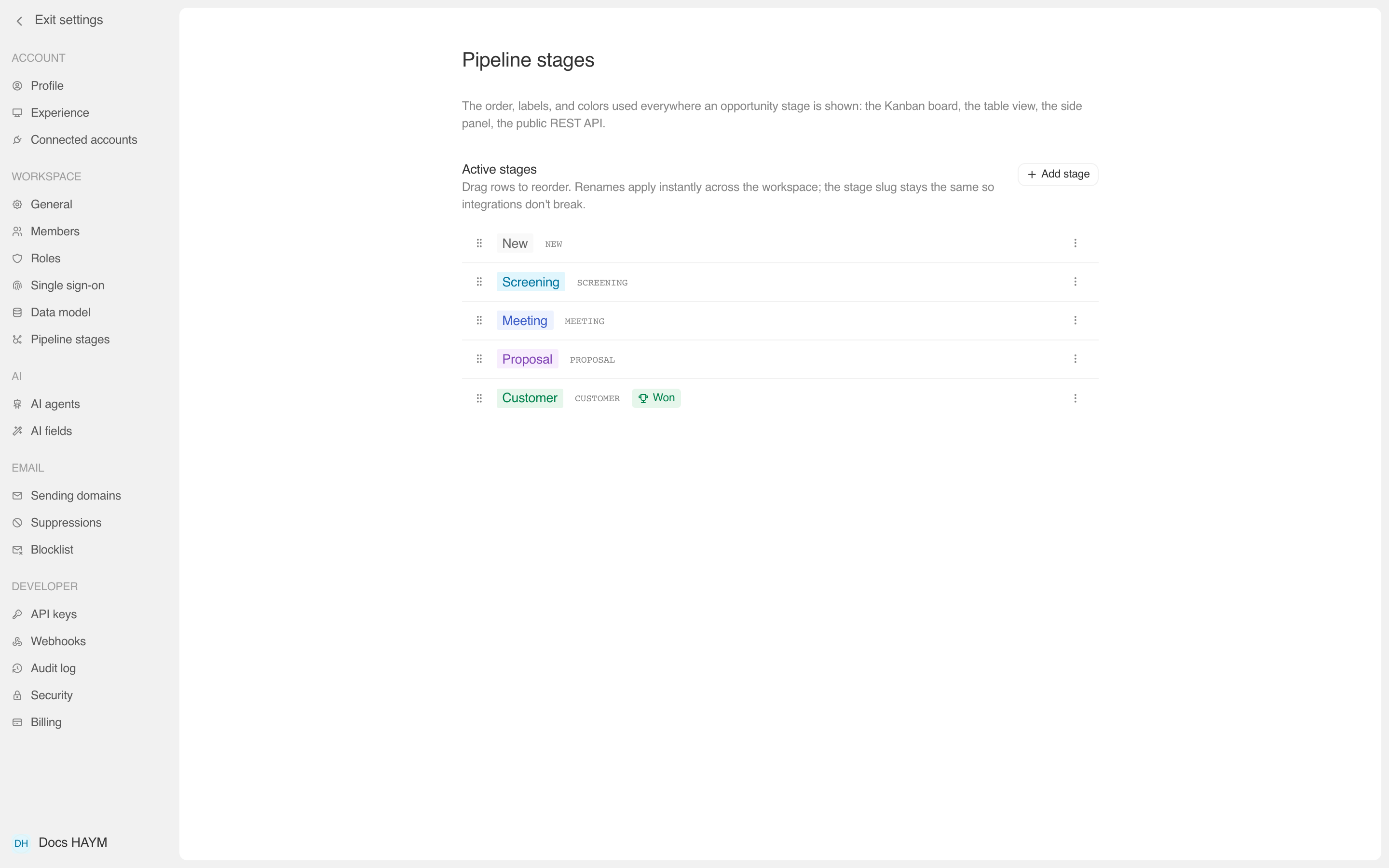 Settings → Pipeline stages editor with the 5 default stages