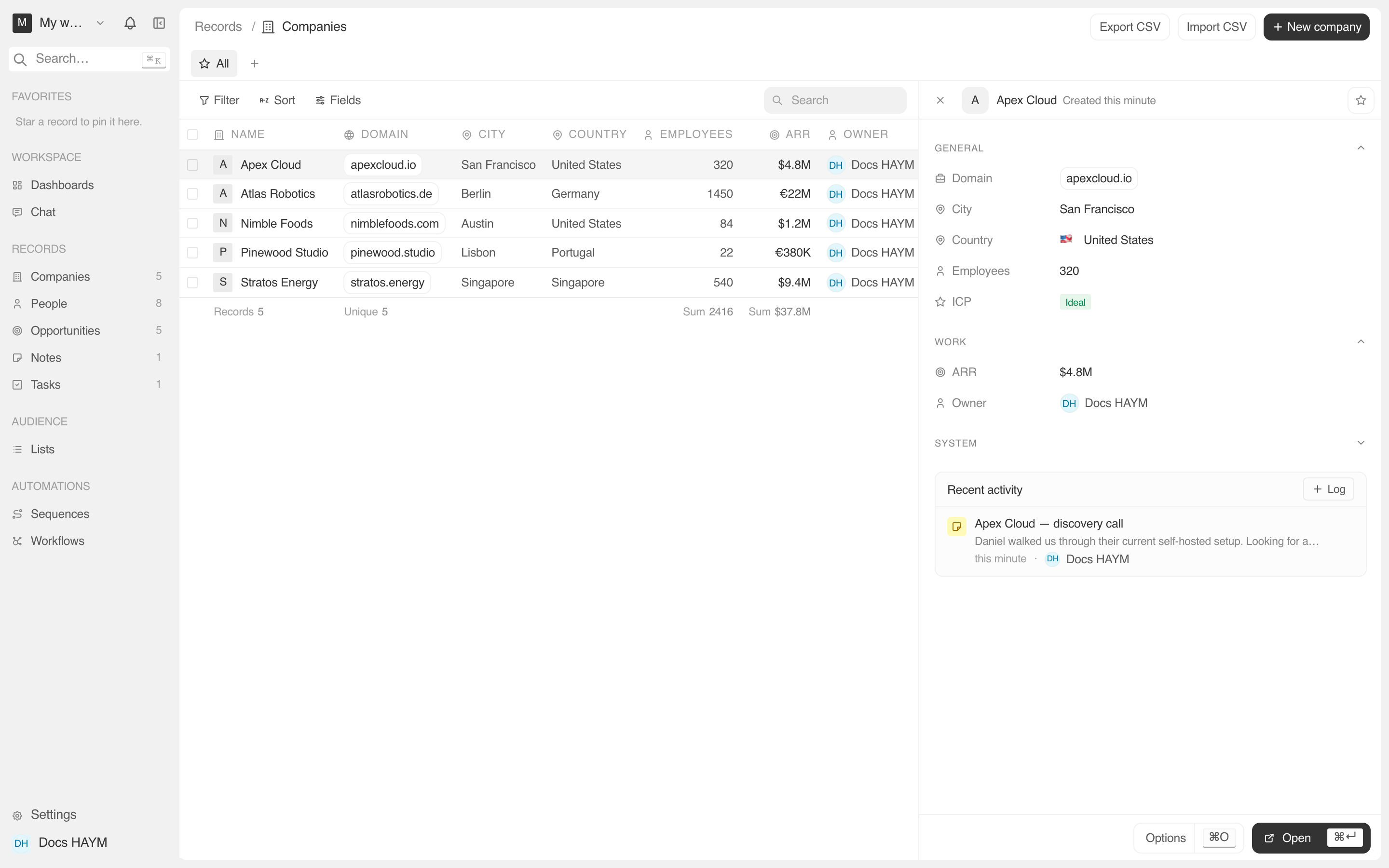 Apex Cloud's side panel open next to the Companies list