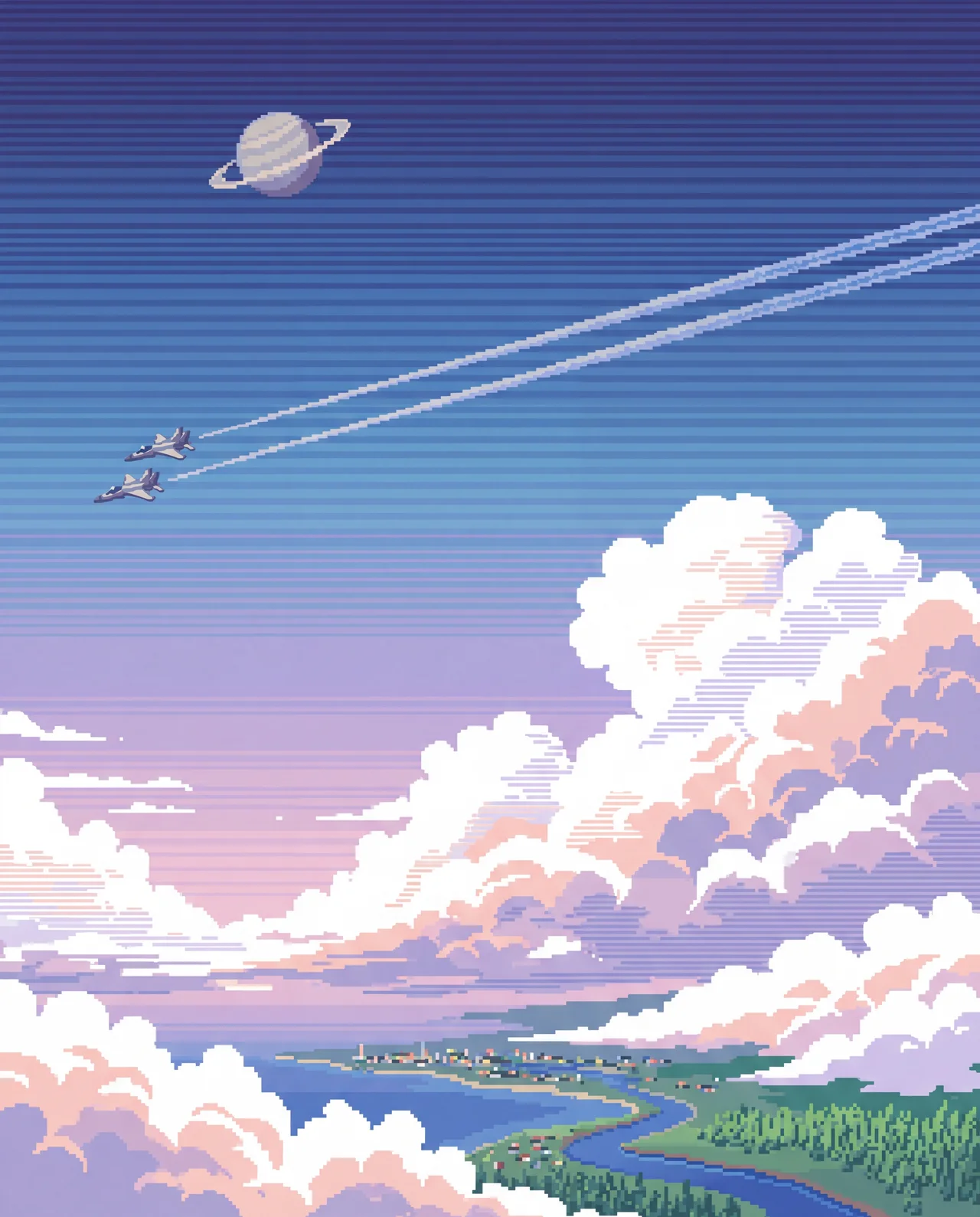 Pixel-art landscape — Saturn over jets, cumulus clouds, and a river