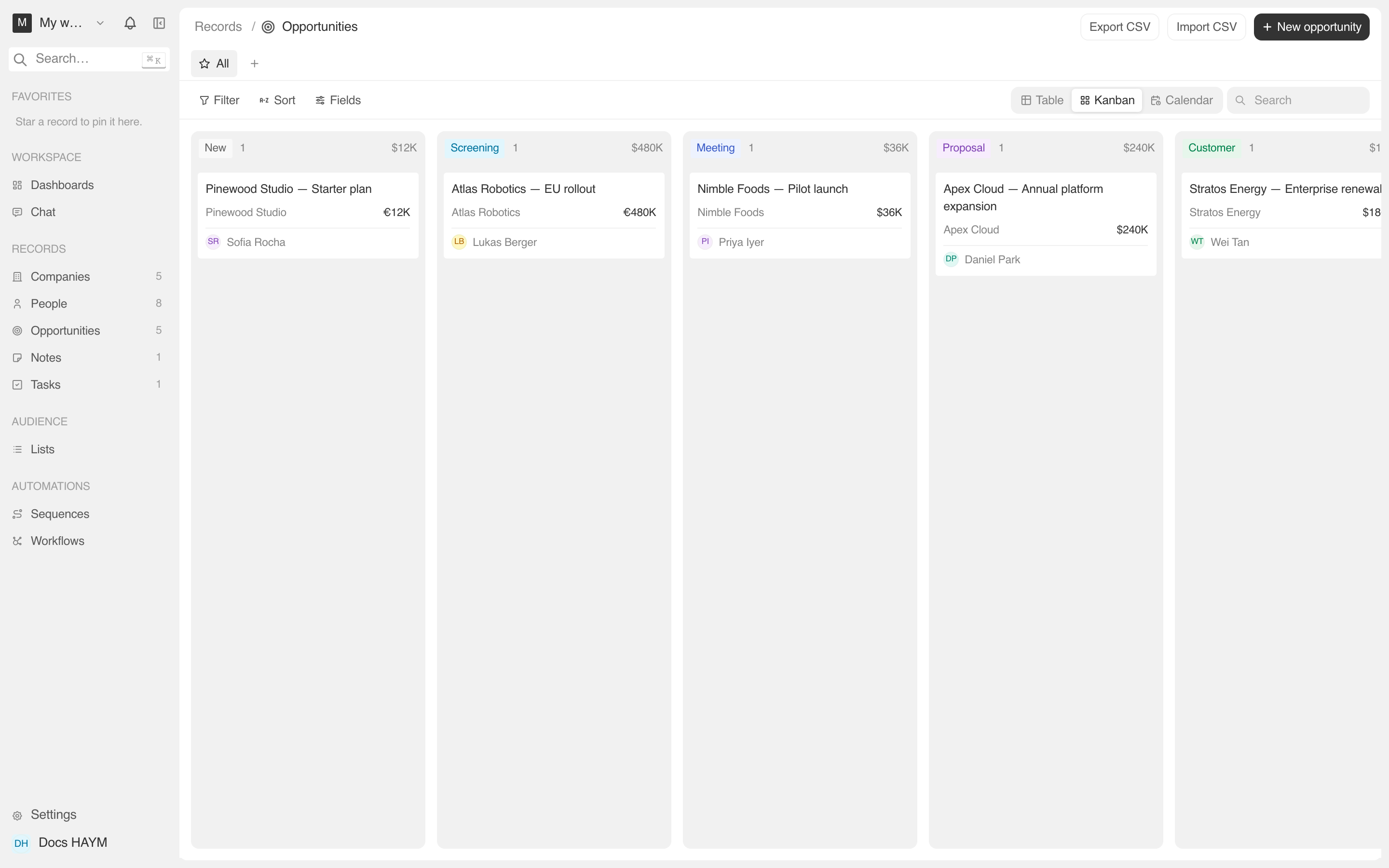 The Opportunities Kanban view with five stage columns and demo deals